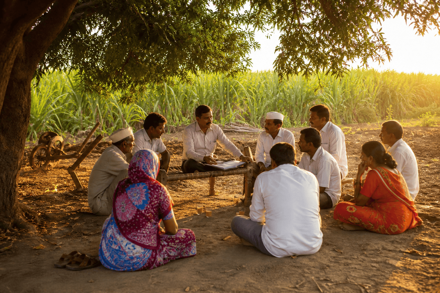 Farmers meeting under a tree beside cane country