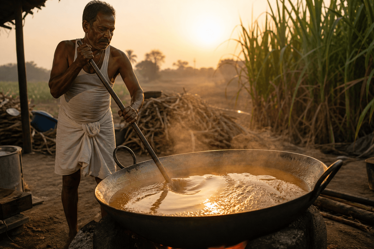 A farmer stirring a kadhai of boiling jaggery at dusk beside a cane field